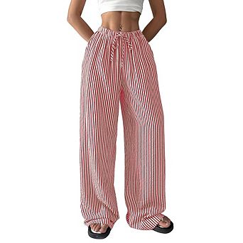 Women's Striped Straight Pants Loose Elastic Waist Drawstring Wide Leg Pants Daily Versatile Pants