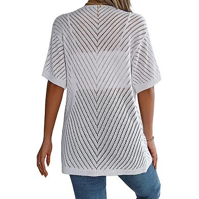 Lightweight Crochet Cardigan for Women Short Sleeve Duster Boho Open Front Knitted Cardigan