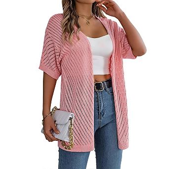Lightweight Crochet Cardigan for Women Short Sleeve Duster Boho Open Front Knitted Cardigan
