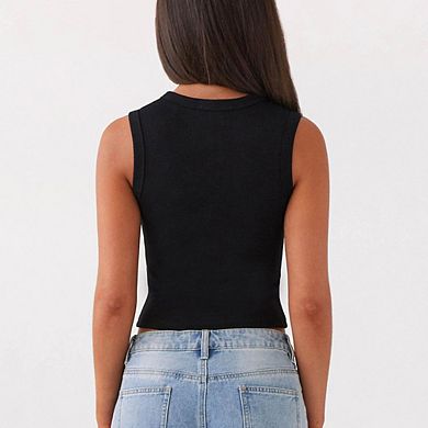 Summer Y2K Slim Babe Sleeveless Crew Neck Ribbed Button Tank Top Fashion Simple Versatile Top