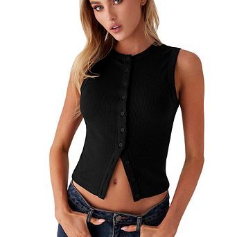 Summer Y2K Slim Babe Sleeveless Crew Neck Ribbed Button Tank Top Fashion Simple Versatile Top