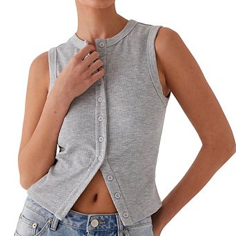 Summer Y2K Slim Babe Sleeveless Crew Neck Ribbed Button Tank Top Fashion Simple Versatile Top