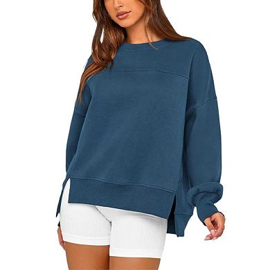 Women's Casual Crewneck Sweatshirts Long Sleeve Side Slit Workout Fleece Pullover Tops