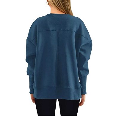 Women's Casual Crewneck Sweatshirts Long Sleeve Side Slit Workout Fleece Pullover Tops