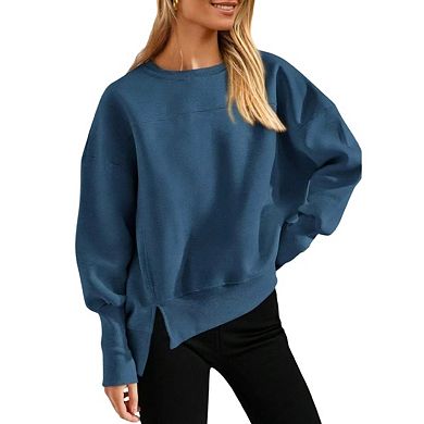 Women's Casual Crewneck Sweatshirts Long Sleeve Side Slit Workout Fleece Pullover Tops