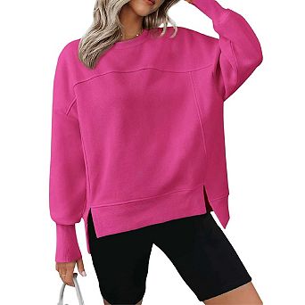 Women's Casual Crewneck Sweatshirts Long Sleeve Side Slit Workout Fleece Pullover Tops