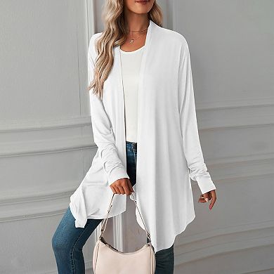 Women's Open Front Long Sleeve Cardigan with Asymmetrical Hem - Lightweight Draped Knit Cover Up