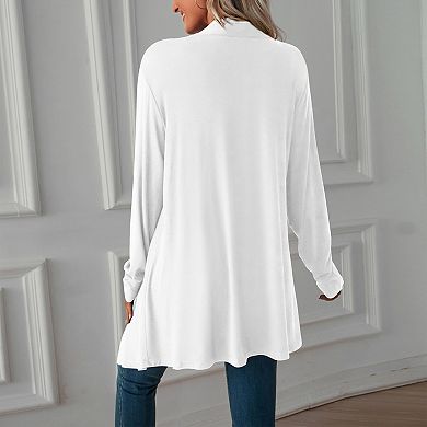 Women's Open Front Long Sleeve Cardigan with Asymmetrical Hem - Lightweight Draped Knit Cover Up