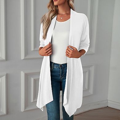 Women's Open Front Long Sleeve Cardigan with Asymmetrical Hem - Lightweight Draped Knit Cover Up