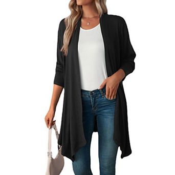 Women's Open Front Long Sleeve Cardigan with Asymmetrical Hem - Lightweight Draped Knit Cover Up