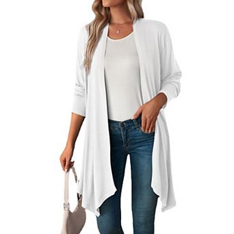 Women's Open Front Long Sleeve Cardigan with Asymmetrical Hem - Lightweight Draped Knit Cover Up