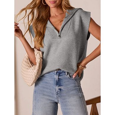 Women's Casual Sleeveless Half Zip Pullover Sweater Solid V Neck Collar Ribbed Knitted Loose Sweater