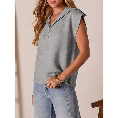 Women's Casual Sleeveless Half Zip Pullover Sweater Solid V Neck Collar Ribbed Knitted Loose Sweater