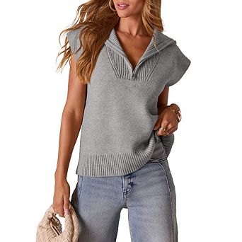 Women's Casual Sleeveless Half Zip Pullover Sweater Solid V Neck Collar Ribbed Knitted Loose Sweater