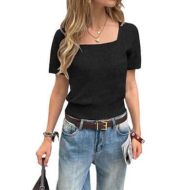 Womens Puff Short Sleeve Sweater Casual Summer Square Neck Pullover Tops Ribbed Knit Sweater Blouse