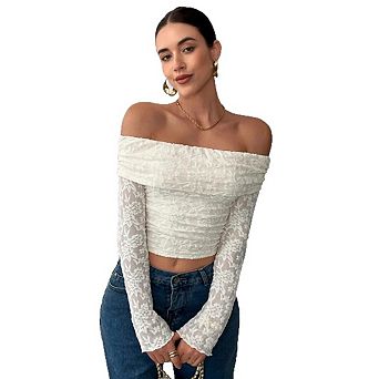 Women's Elegant Fashion Off Shoulder Long Sleeve Top Slim Fit Lace Crochet Top Daily Versatile Top