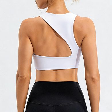 Women's Cutout Back Sports Bra Crew Neck Racerback Yoga Crop Top with Medium Support for Workout