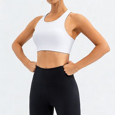 Women's Cutout Back Sports Bra Crew Neck Racerback Yoga Crop Top with Medium Support for Workout