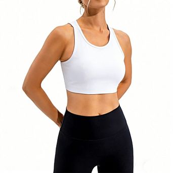 Women's Cutout Back Sports Bra Crew Neck Racerback Yoga Crop Top with Medium Support for Workout