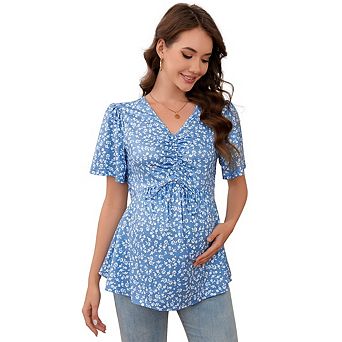 Women Maternity Shirts Casual Floral Print V Neck Blouses Ruffle Short Sleeve Loose Tunic T Shirt