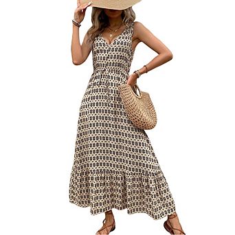 Women Geometric Print Sleeveless Dress Classic V-Neck Dress Daily Casual Waist Tie Flared Midi Dress
