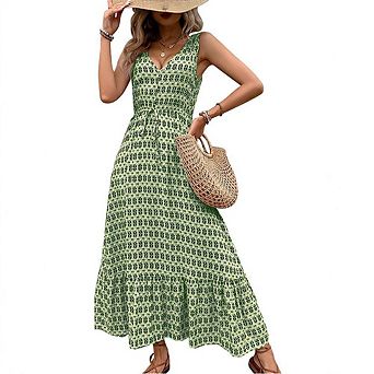 Women Geometric Print Sleeveless Dress Classic V-Neck Dress Daily Casual Waist Tie Flared Midi Dress