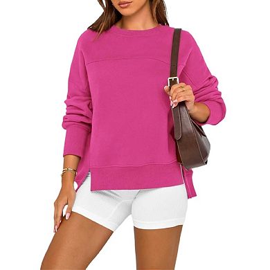 Women's Casual Crewneck Sweatshirts Long Sleeve Side Slit Workout Fleece Pullover Tops