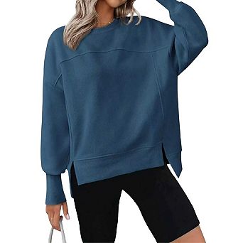 Women's Casual Crewneck Sweatshirts Long Sleeve Side Slit Workout Fleece Pullover Tops