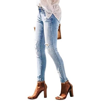 Women's High Rise Skinny Stretch Ripped Jeans High Waisted Destroyed Denim Pants