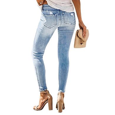 Women's High Rise Skinny Stretch Ripped Jeans High Waisted Destroyed Denim Pants