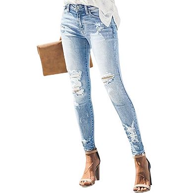 Women's High Rise Skinny Stretch Ripped Jeans High Waisted Destroyed Denim Pants