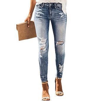 Women's High Rise Skinny Stretch Ripped Jeans High Waisted Destroyed Denim Pants