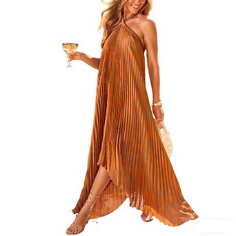 Women's Halter Neck Pleated Maxi Dress Backless Flowy Evening Gown for Wedding Guest & Vacation