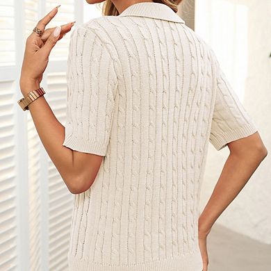 Women's Lapel V-Neck Short Sleeve Fashion Cable Knit Pullover Top Loose Casual Versatile Top
