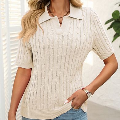 Women's Lapel V-Neck Short Sleeve Fashion Cable Knit Pullover Top Loose Casual Versatile Top