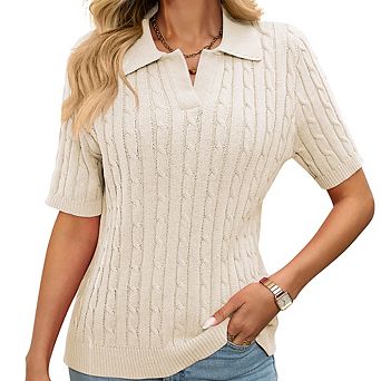 Women's Lapel V-Neck Short Sleeve Fashion Cable Knit Pullover Top Loose Casual Versatile Top