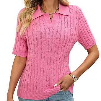 Women's Lapel V-Neck Short Sleeve Fashion Cable Knit Pullover Top Loose Casual Versatile Top