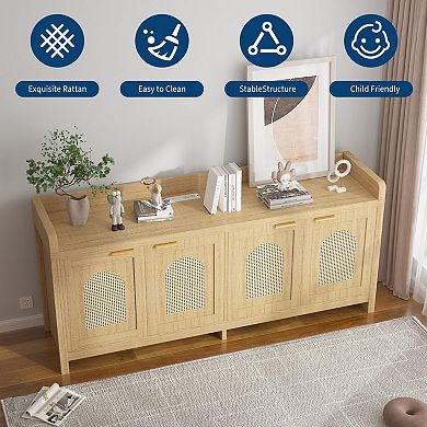 ANIXOL Modern Rattan TV Stand with Storage Cabinets