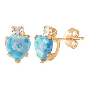 14k Gold Clear Cubic Zirconia & Simulated Blue Opal Heart Stud Earrings