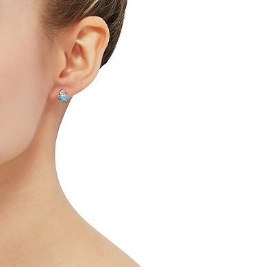 14k Gold Clear Cubic Zirconia & Simulated Blue Opal Heart Stud Earrings