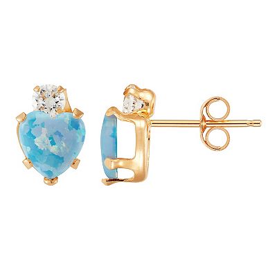 14k Gold Clear Cubic Zirconia & Simulated Blue Opal Heart Stud Earrings
