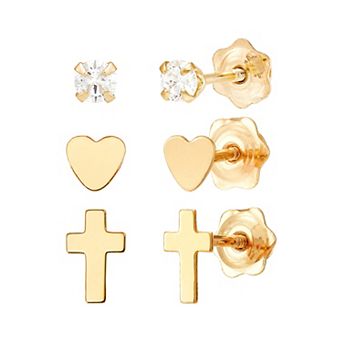 10k Gold Clear Cubic Zirconia Heart & Cross Earrings Set