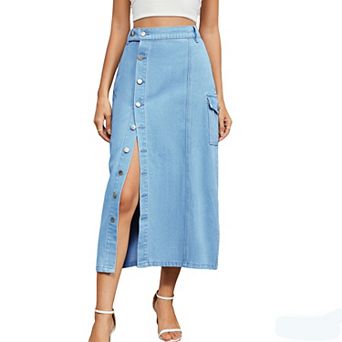 Women's Denim Midi Skirt Button Front Cargo Pocket Skirt Half-Elastic Waist & Side Slit
