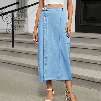 Women's Denim Midi Skirt Button Front Cargo Pocket Skirt Half-Elastic Waist & Side Slit