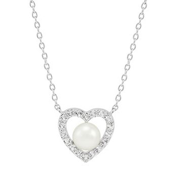 Sterling Silver Freshwater Cultured Pearl & Lab-Created White Sapphire Halo Heart Necklace