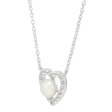 Sterling Silver Freshwater Cultured Pearl & Lab-Created White Sapphire Halo Heart Necklace