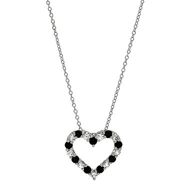 Sterling Silver Lab-Created White Sapphire & Onyx Heart Pendant Necklace