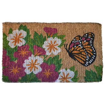HomeRoots 18" X 30" Brown and White Coir Floral Outdoor Door Mat