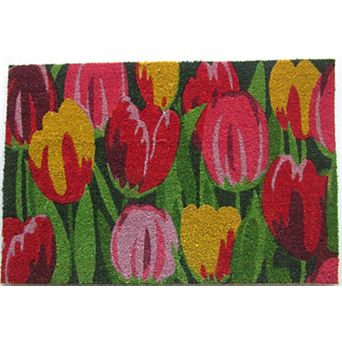 HomeRoots 24" X 36" Red and Green Coir Floral Outdoor Spring Door Mat