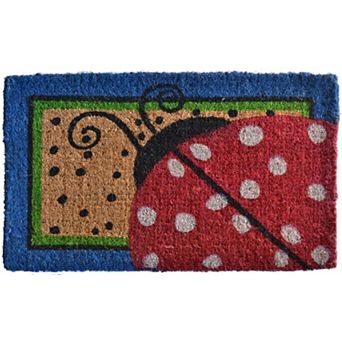 HomeRoots 18" X 30" Blue and Brown Coir Ladybug Outdoor Door Mat